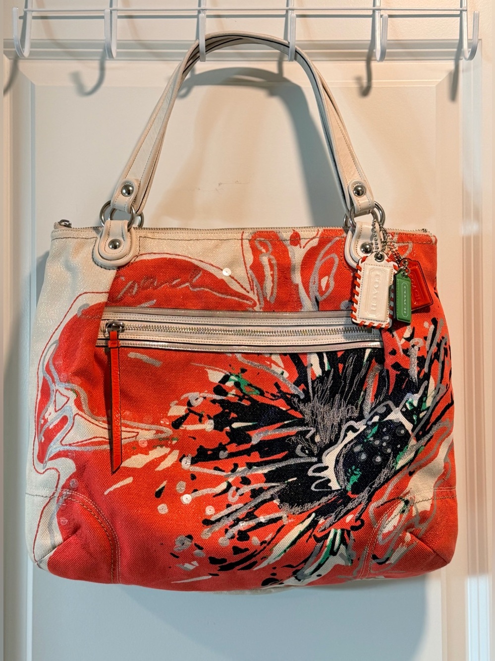 Coach Poppy Placed Flower Sequin Glam Tote Coral Khaki Canvas Bag # 19029